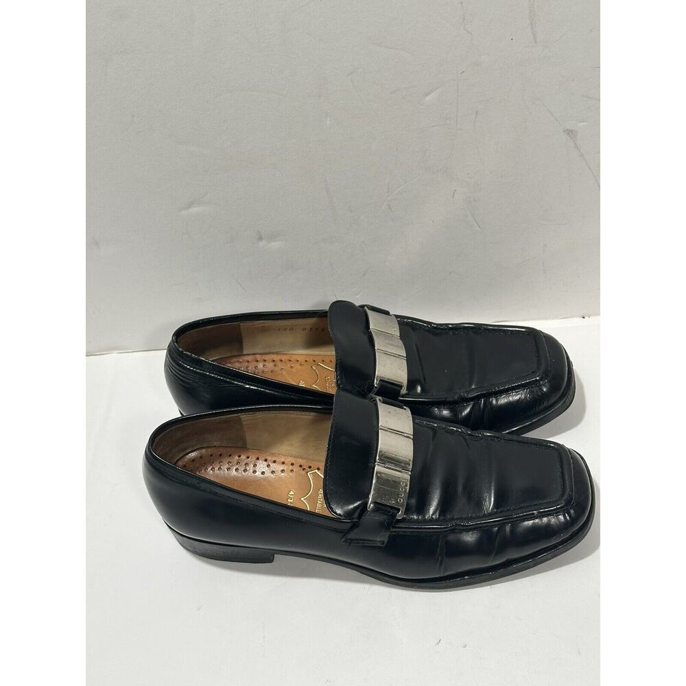 Gucci Leather Black Loafers Shiny Silver Plaque Logo Women 100‎ 0398 36 C Sz 6